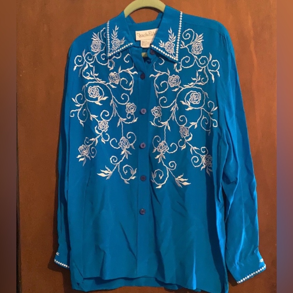 Vintage Diane von Furstenberg 100% Silk Embroidered DVF Button Shirt